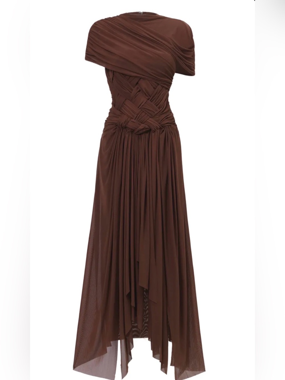 Asymmetrical Draped-Shoulder Braided-Torso Brown Mesh Maxi Dress